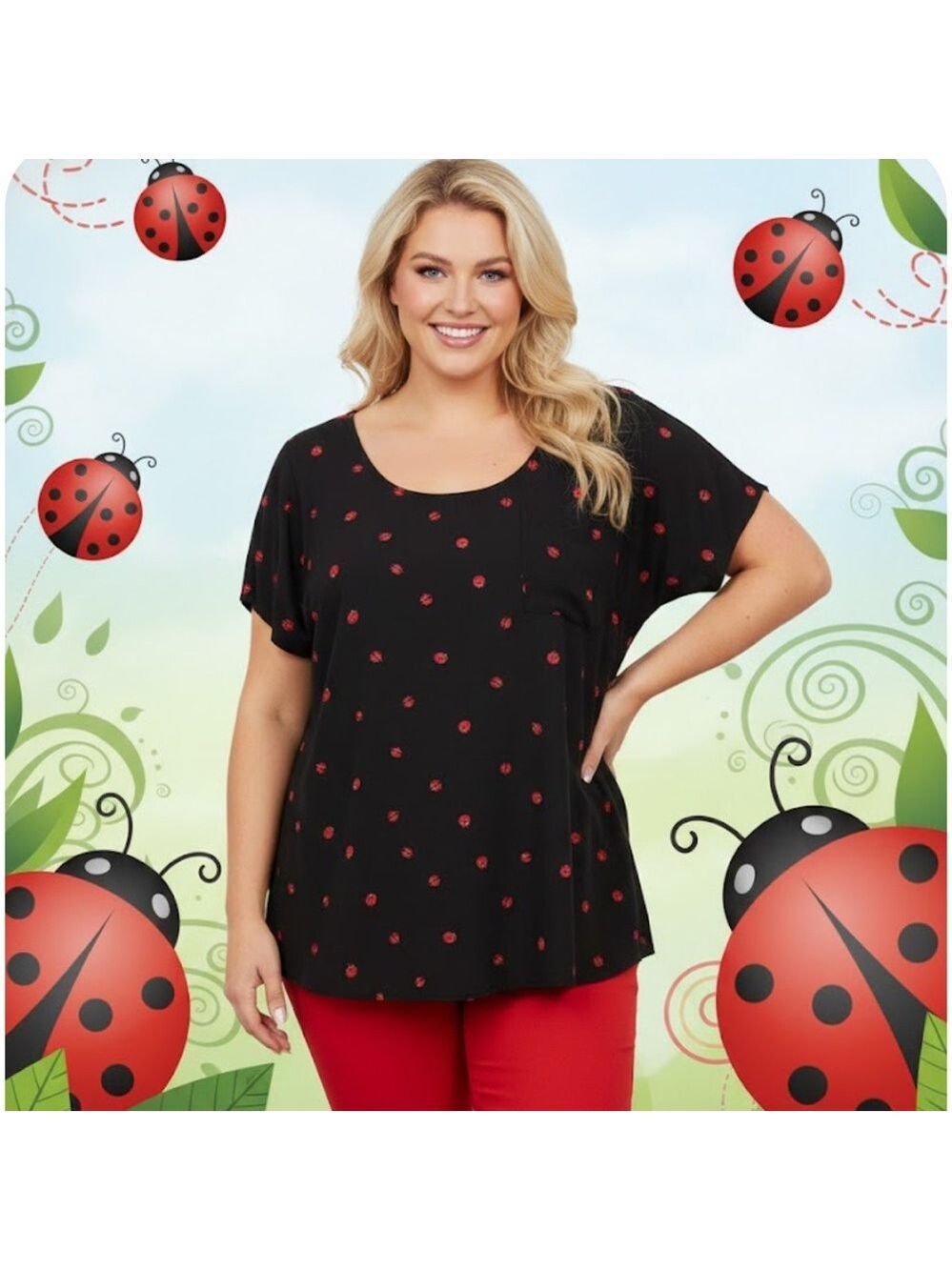 Torrid Ladybug Print Chiffon Button-Back Top in Black and Red - Size 3X